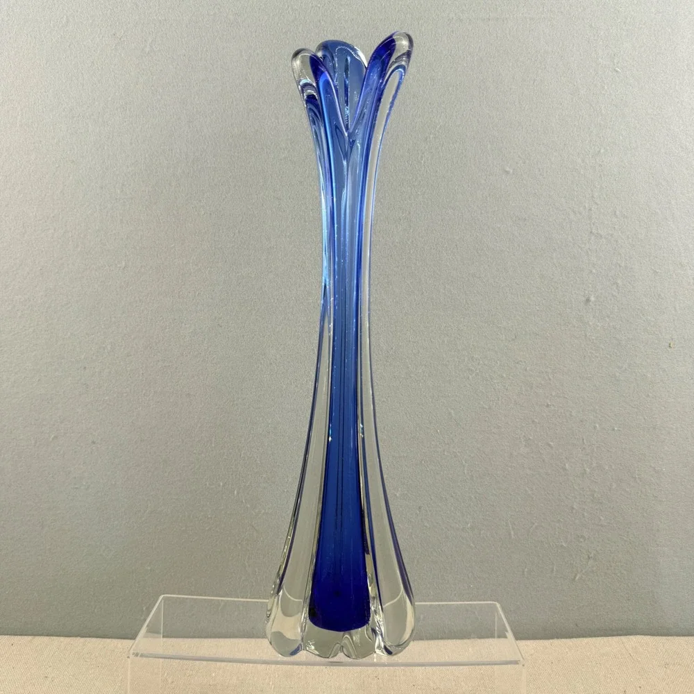 Vintage Cobalt Blue Sommerso Glass Bud Vase Pulled Petal 16